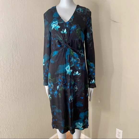 NWT JIGSAW LONDON Romantic Twist Front Navy Floral V-Neck Long Sleeve Midi Dress - Picture 9 of 16